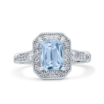 Art Deco Emerald Cut Wedding Bridal Ring Simulated Aquamarine CZ 925 Sterling Silver